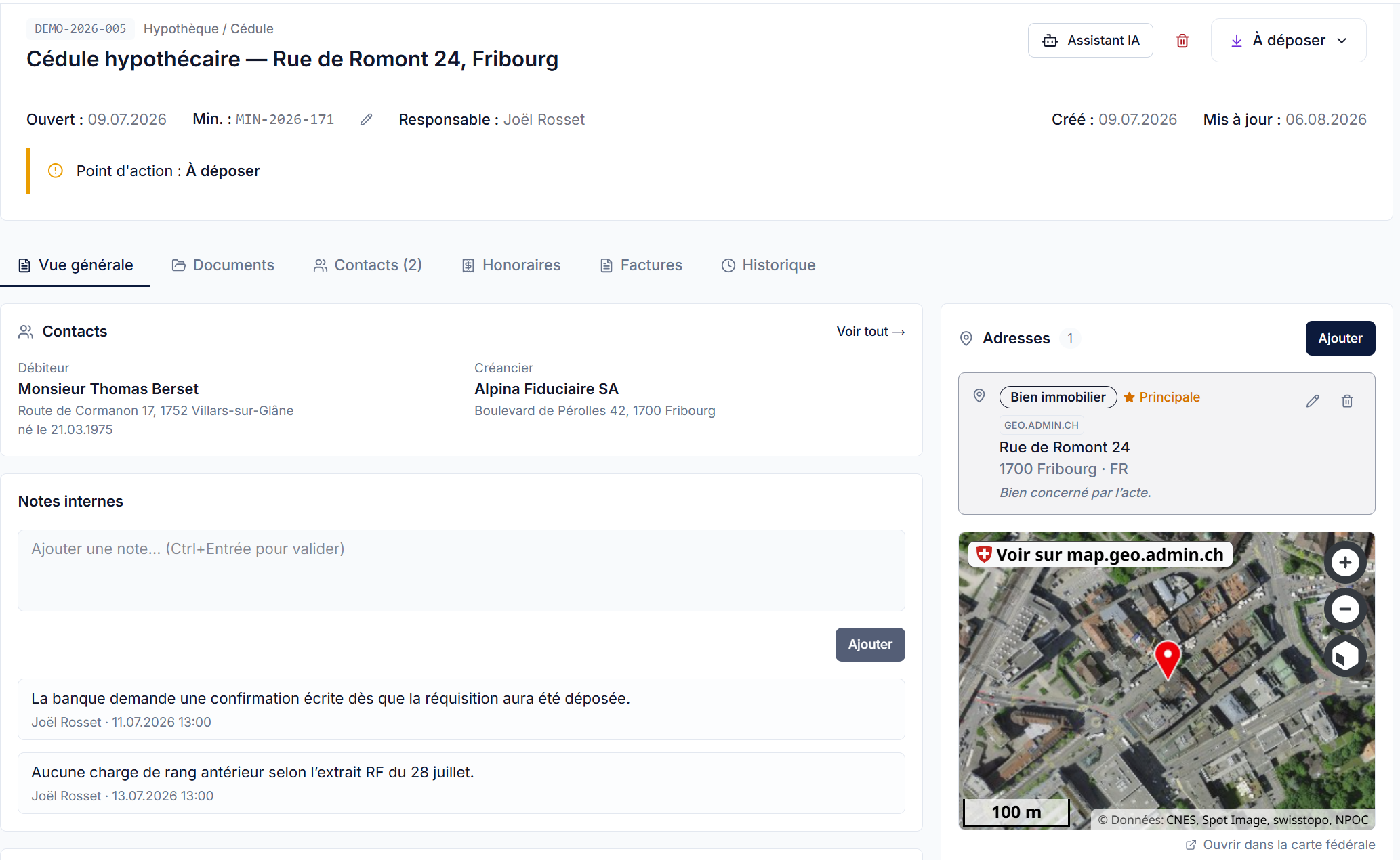 Interface Actium affichant un dossier de cédule hypothécaire avec contacts, adresse et carte du bien.